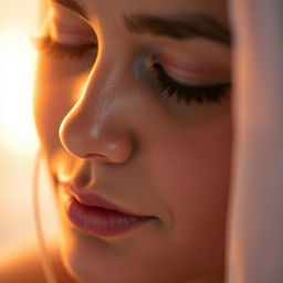 A close-up shot of a mother's face, showcasing her gentle expression and closed eyes, with soft, warm lighting that illuminates her features