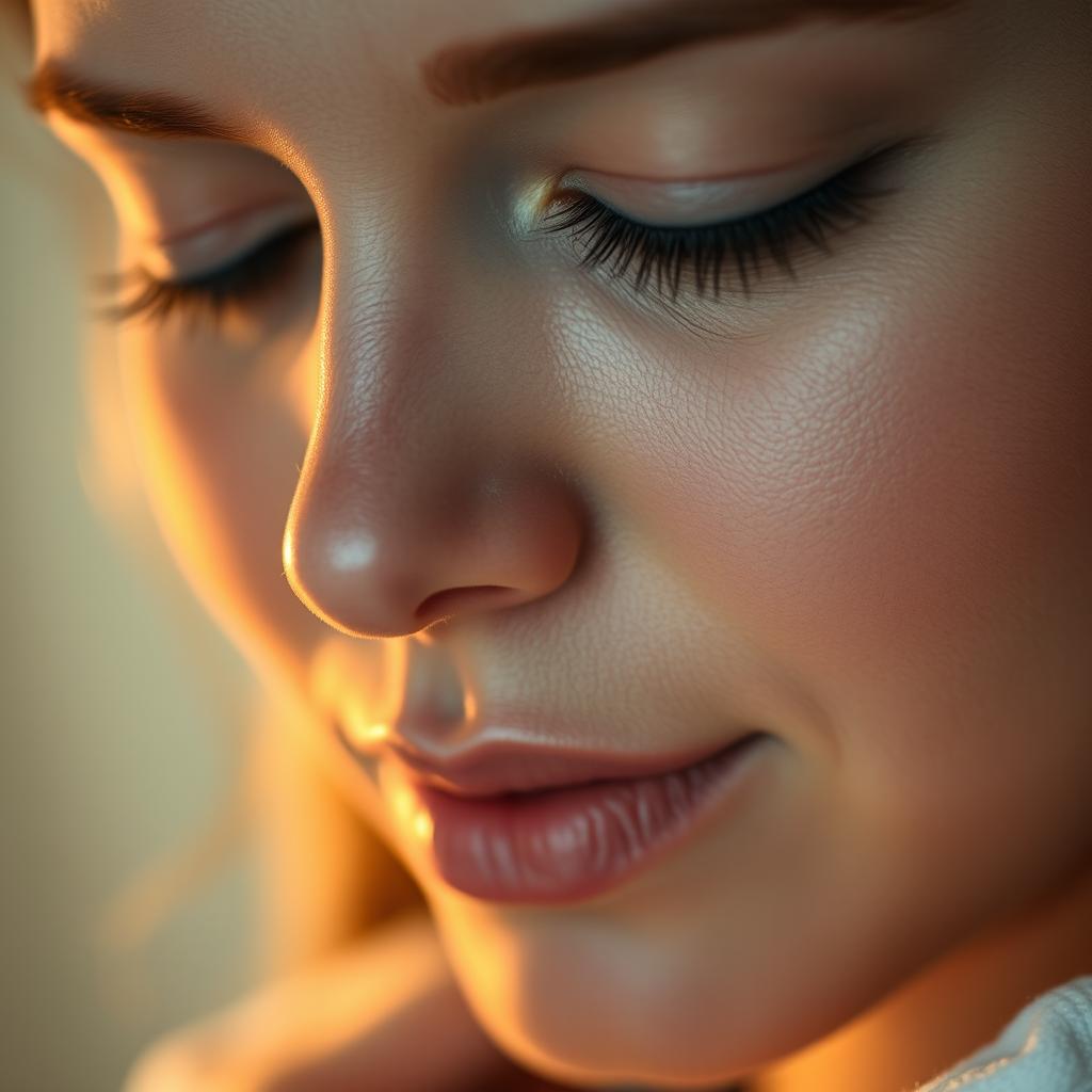 A close-up shot of a mother's face, showcasing her gentle expression and closed eyes, with soft, warm lighting that illuminates her features