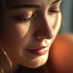 A close-up shot of a mother's face, showcasing her gentle expression and closed eyes, with soft, warm lighting that illuminates her features