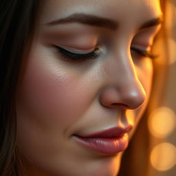 A close-up shot of a mother's face, showcasing her gentle expression and closed eyes, with soft, warm lighting that illuminates her features