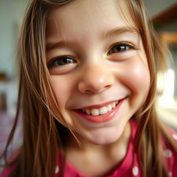 A close-up view of a daughter's face, specifically capturing the joyful expression on her features