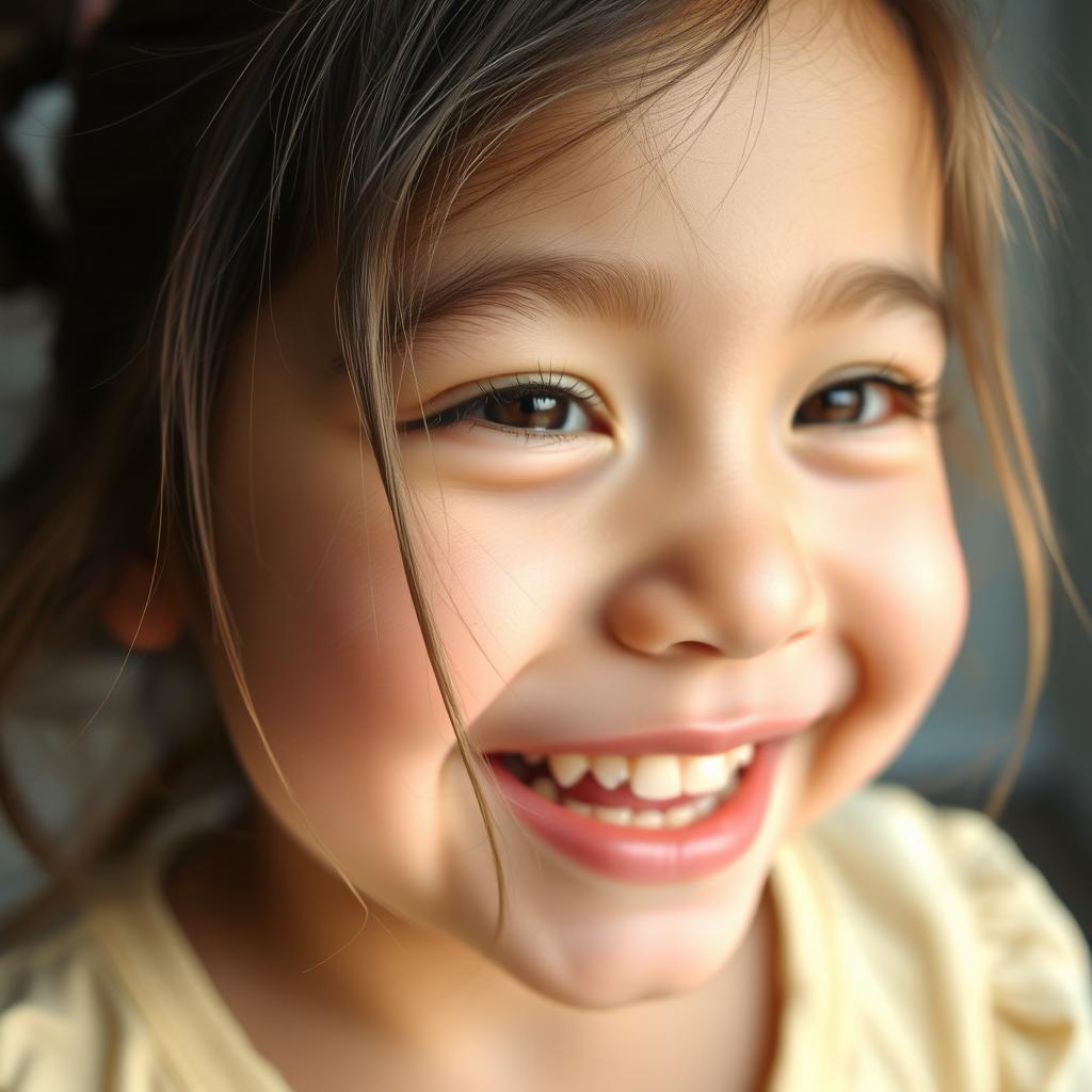 A close-up view of a daughter's face, specifically capturing the joyful expression on her features
