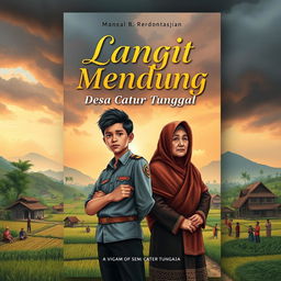 A book cover for 'Langit Mendung Desa Catur Tunggal', showcasing the essence of social conflict and development within a rural village