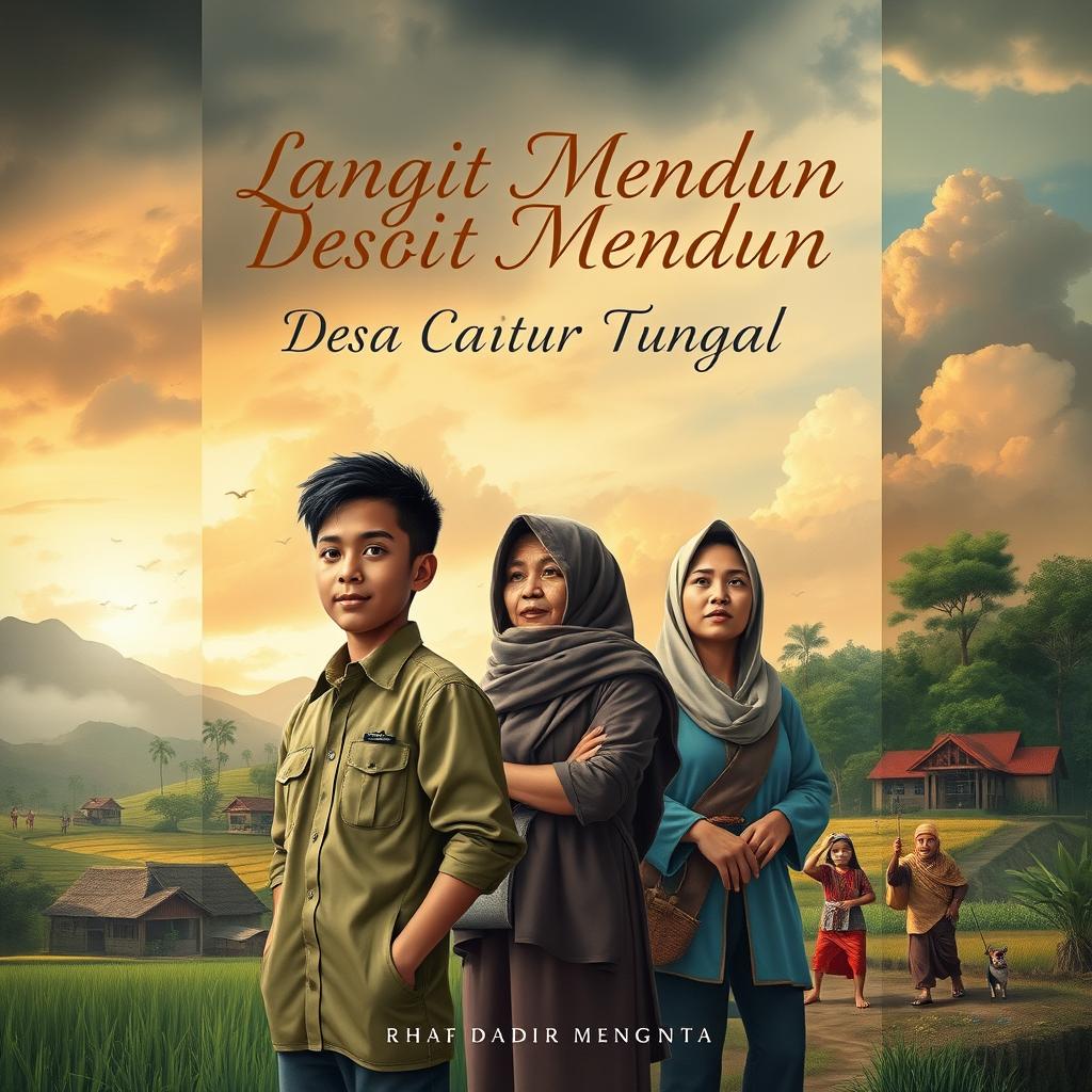 A book cover for 'Langit Mendung Desa Catur Tunggal', showcasing the essence of social conflict and development within a rural village