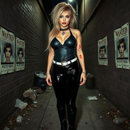 A full length, head to toe photograph of a sexy, beautiful, thin-faced, curvy 18-year-old woman with very thick, long, messy dirty blond hair and striking crystal blue eyes