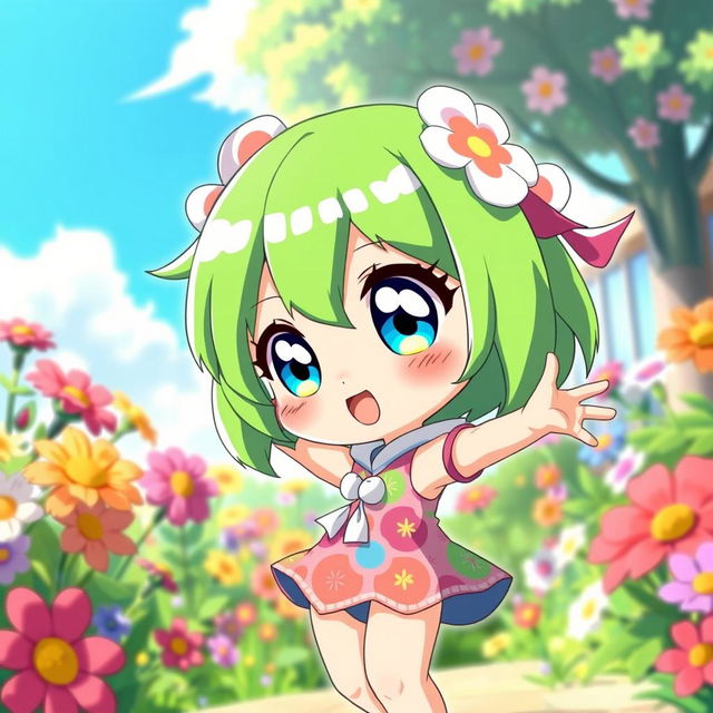 A cute anime character with vibrant green hair, large expressive eyes, and a playful demeanor