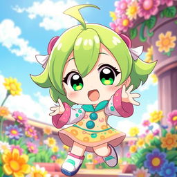 A cute anime character with vibrant green hair, large expressive eyes, and a playful demeanor