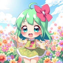 A cute anime character with vibrant green hair, large expressive eyes, and a playful demeanor