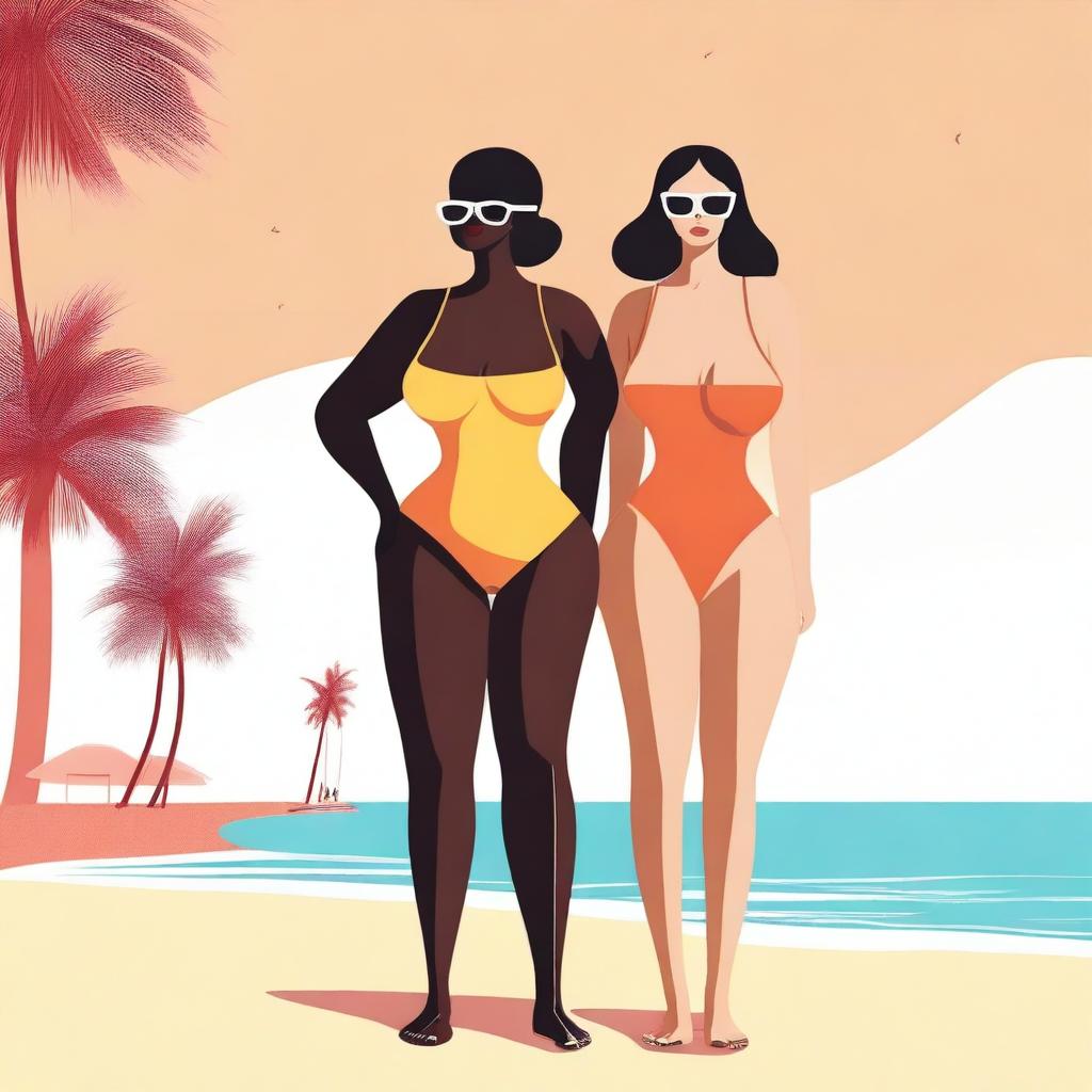 A high-quality digital art image showcasing two women with exaggerated proportions, adorned in minimalist swimwear