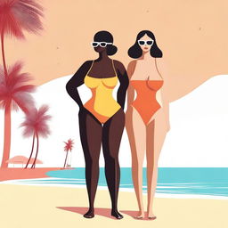 A high-quality digital art image showcasing two women with exaggerated proportions, adorned in minimalist swimwear