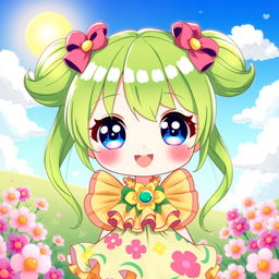 A cute anime character with bright green hair styled in playful pigtails, featuring large sparkling eyes that radiate innocence and joy