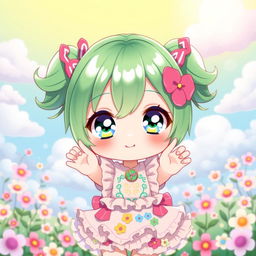 A cute anime character with bright green hair styled in playful pigtails, featuring large sparkling eyes that radiate innocence and joy