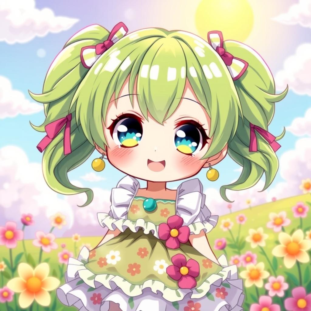 A cute anime character with bright green hair styled in playful pigtails, featuring large sparkling eyes that radiate innocence and joy