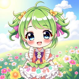 A cute anime character with bright green hair styled in playful pigtails, featuring large sparkling eyes that radiate innocence and joy