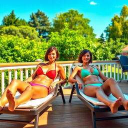 Two attractive 34-year-old women with short brunette hair are sunbathing on stylish cots on a sunny deck in a beautiful backyard
