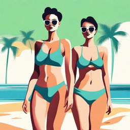 A high-quality digital art image showcasing two women with exaggerated proportions, adorned in minimalist swimwear