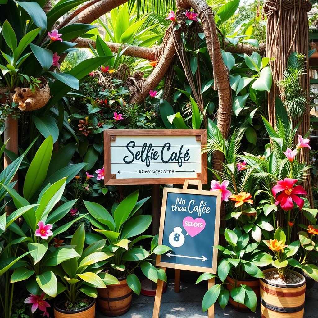 A vibrant selfie corner set in a lush natural environment, filled with diverse tropical plants, colorful flowers, and wooden elements to create a jungle-like atmosphere