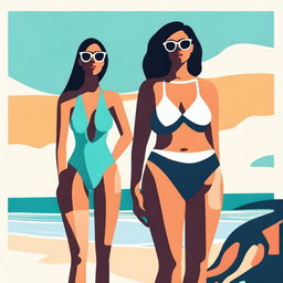 A high-quality digital art image showcasing two women with exaggerated proportions, adorned in minimalist swimwear