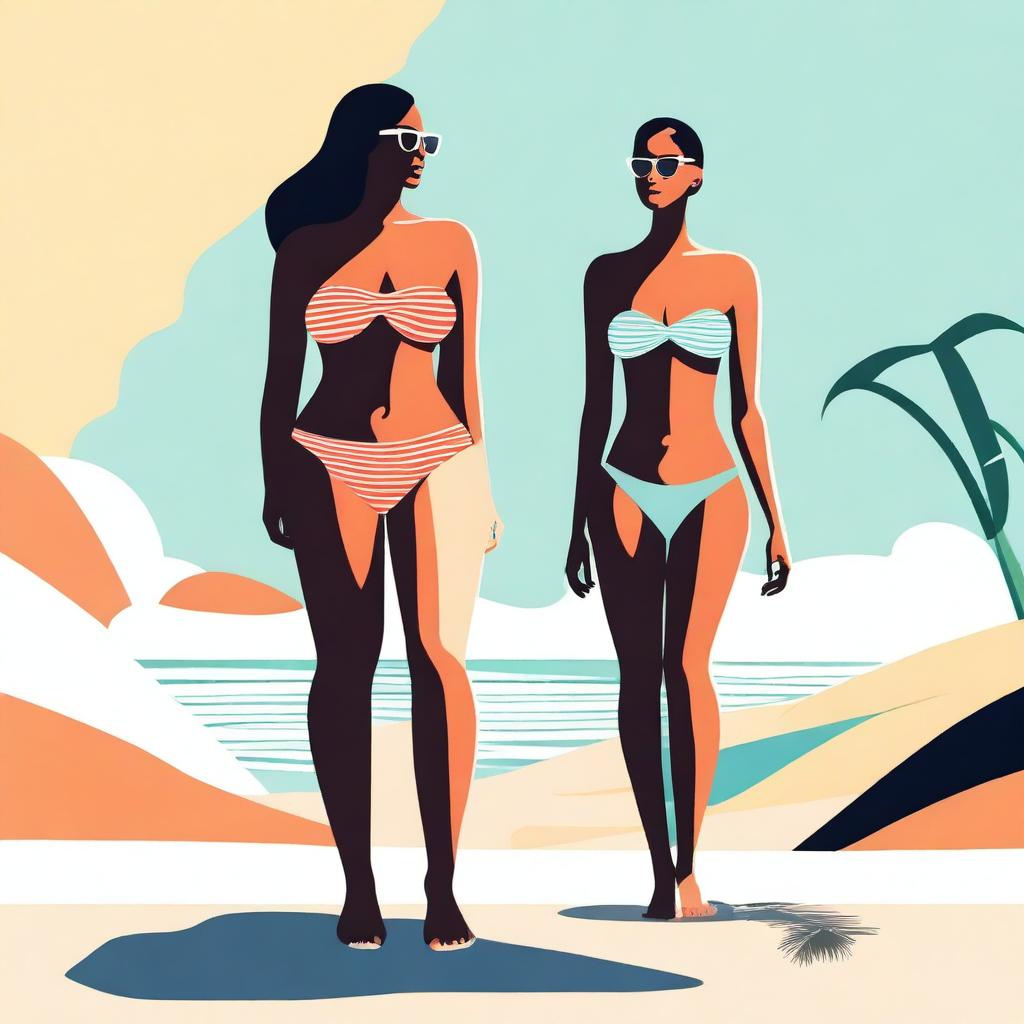 A high-quality digital art image showcasing two women with exaggerated proportions, adorned in minimalist swimwear