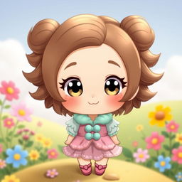 A delightful chibi character with large expressive eyes, featuring adorable brown hair styled in cute, fluffy layers