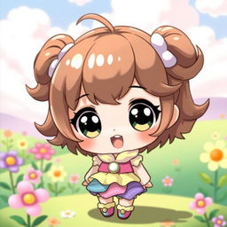 A delightful chibi character with large expressive eyes, featuring adorable brown hair styled in cute, fluffy layers