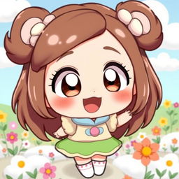 A delightful chibi character with large expressive eyes, featuring adorable brown hair styled in cute, fluffy layers