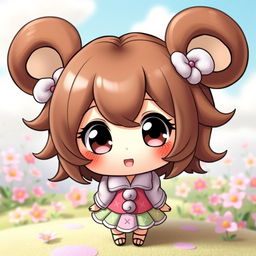 A delightful chibi character with large expressive eyes, featuring adorable brown hair styled in cute, fluffy layers