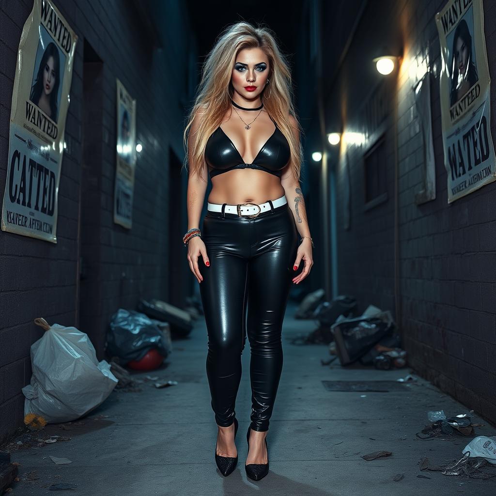 A full length, head to toe photograph of a sexy, beautiful, curvy 18-year-old woman with very thick, long, messy dirty blond hair and striking crystal blue eyes