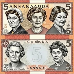 A creative design featuring the faces of the famous five Canadian feminists—Emily Murphy, Nellie McClung, Irene Parlby, Louise McKinney, and Henrietta Muir Edwards—rendered in the style of the artistic elements found on Canadian currency