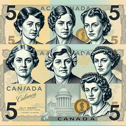A creative design featuring the faces of the famous five Canadian feminists—Emily Murphy, Nellie McClung, Irene Parlby, Louise McKinney, and Henrietta Muir Edwards—rendered in the style of the artistic elements found on Canadian currency