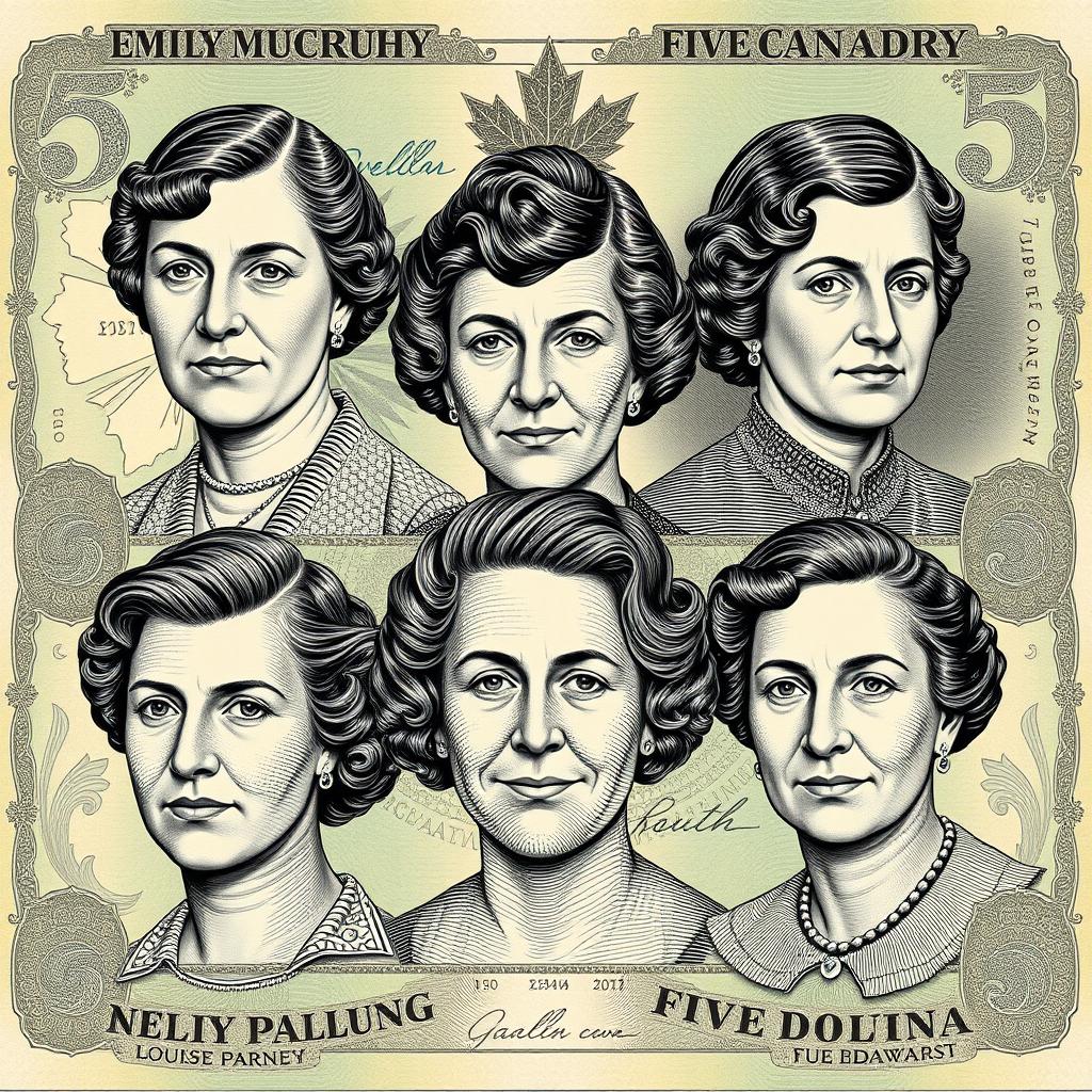 A creative design featuring the faces of the famous five Canadian feminists—Emily Murphy, Nellie McClung, Irene Parlby, Louise McKinney, and Henrietta Muir Edwards—rendered in the style of the artistic elements found on Canadian currency