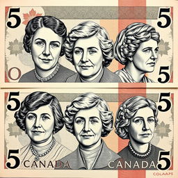 A creative design featuring the faces of the famous five Canadian feminists—Emily Murphy, Nellie McClung, Irene Parlby, Louise McKinney, and Henrietta Muir Edwards—rendered in the style of the artistic elements found on Canadian currency