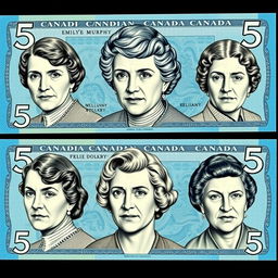 A creative design featuring the faces of the famous five Canadian feminists—Emily Murphy, Nellie McClung, Irene Parlby, Louise McKinney, and Henrietta Muir Edwards—rendered in the artistic style of Canadian currency