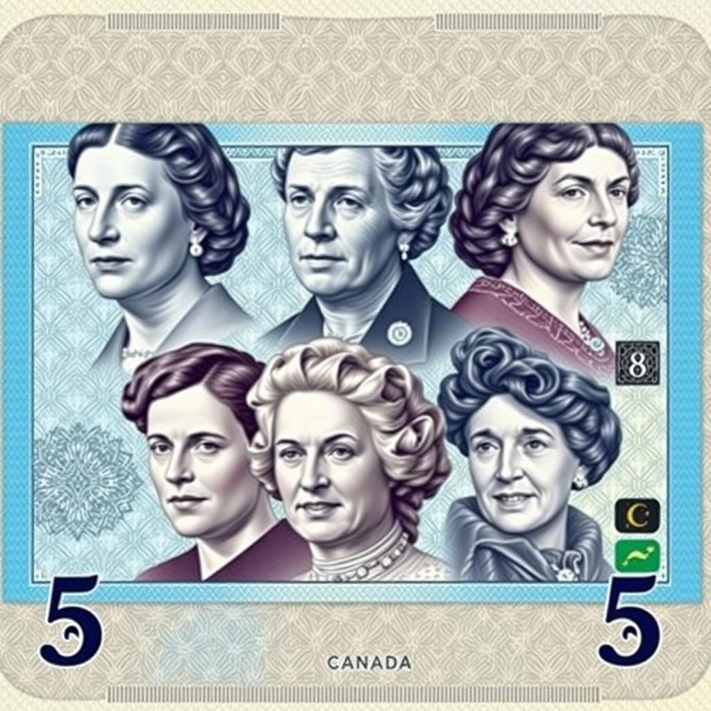 A creative design featuring the faces of the famous five Canadian feminists—Emily Murphy, Nellie McClung, Irene Parlby, Louise McKinney, and Henrietta Muir Edwards—rendered in the artistic style of Canadian currency