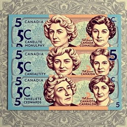 A creative design featuring the faces of the famous five Canadian feminists—Emily Murphy, Nellie McClung, Irene Parlby, Louise McKinney, and Henrietta Muir Edwards—rendered in the artistic style of Canadian currency