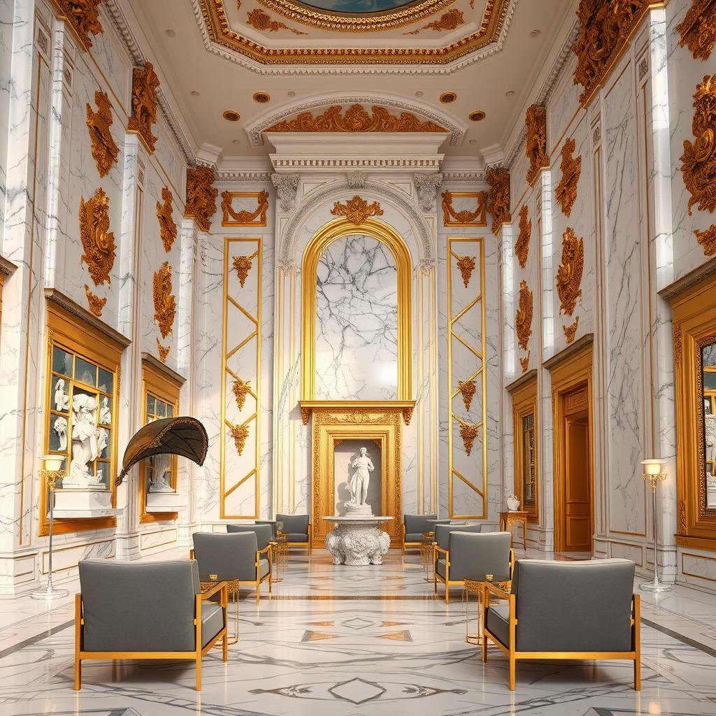 A stunning interior view of a grand marble palace featuring exquisite white granite walls, adorned with intricate gold details