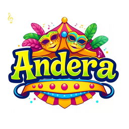 A vibrant and colorful carnival logo featuring the name 'Andrea'