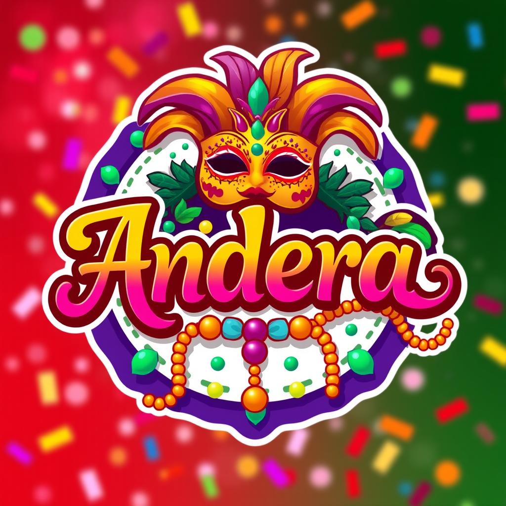 A vibrant carnival-themed logo featuring the name 'Andrea'