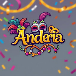 A vibrant carnival-themed logo featuring the name 'Andrea'