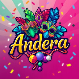 A vibrant carnival-themed logo featuring the name 'Andrea'