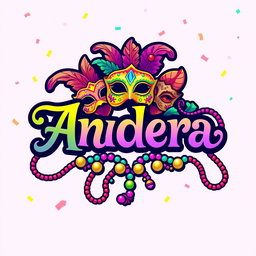 A vibrant carnival-themed logo featuring the name 'Andrea'