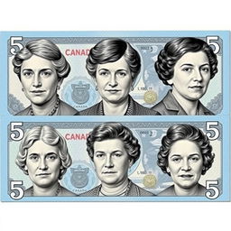 A creative design depicting the faces of the famous five Canadian feminists—Emily Murphy, Nellie McClung, Irene Parlby, Henrietta Muir Edwards, and Louise McKinney—rendered in the style of Canadian currency