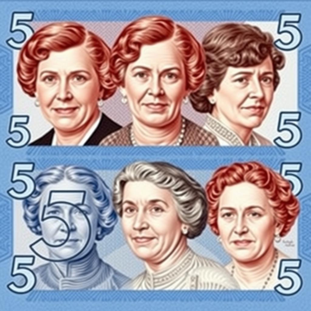 A creative design depicting the faces of the famous five Canadian feminists—Emily Murphy, Nellie McClung, Irene Parlby, Henrietta Muir Edwards, and Louise McKinney—rendered in the style of Canadian currency