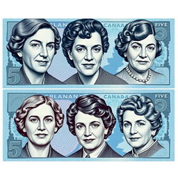 A creative design depicting the faces of the famous five Canadian feminists—Emily Murphy, Nellie McClung, Irene Parlby, Henrietta Muir Edwards, and Louise McKinney—rendered in the style of Canadian currency
