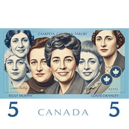 A creative design depicting the faces of the famous five Canadian feminists—Emily Murphy, Nellie McClung, Irene Parlby, Henrietta Muir Edwards, and Louise McKinney—rendered in the style of Canadian currency