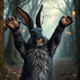 A black rabbit in a perspective view, raising its arms forward