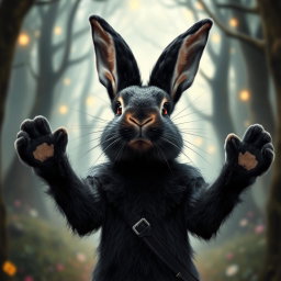 A black rabbit in a perspective view, raising its arms forward