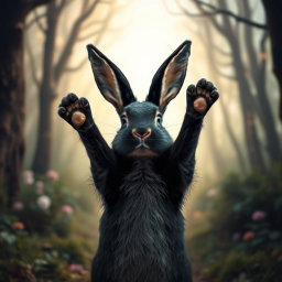A black rabbit in a perspective view, raising its arms forward