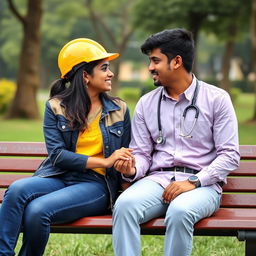 A romantic scene featuring a Sri Lankan couple seated on a bench, gazing at each other lovingly