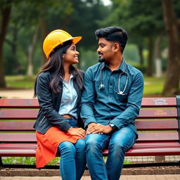 A romantic scene featuring a Sri Lankan couple seated on a bench, gazing at each other lovingly